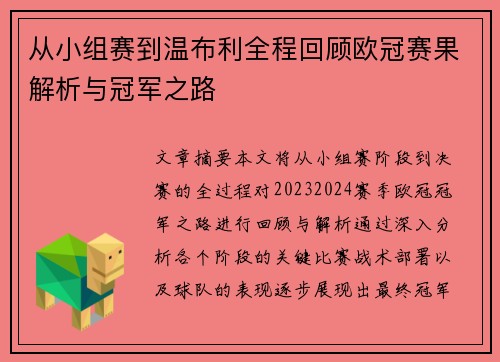 从小组赛到温布利全程回顾欧冠赛果解析与冠军之路