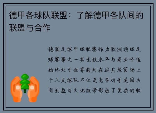 德甲各球队联盟：了解德甲各队间的联盟与合作