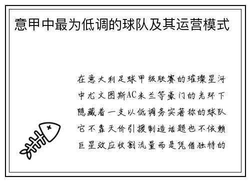 意甲中最为低调的球队及其运营模式