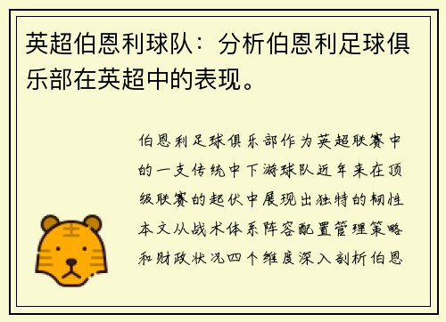 英超伯恩利球队：分析伯恩利足球俱乐部在英超中的表现。